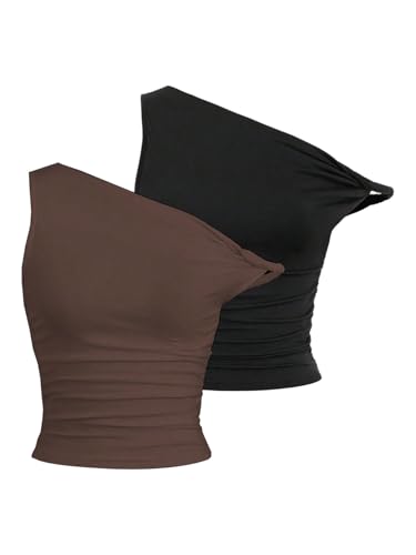 SOLY HUX Women's 2 Piece Tank Top Asymmetrical Neck Twist Ruched Sleeveless Going Out Tops