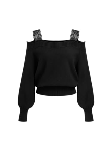 CIDER Off The Shoulder Sweaters for Women Lace Trim Long Sleeve Cropped Sweaters Knitted Pullover Sweater Trendy Fall