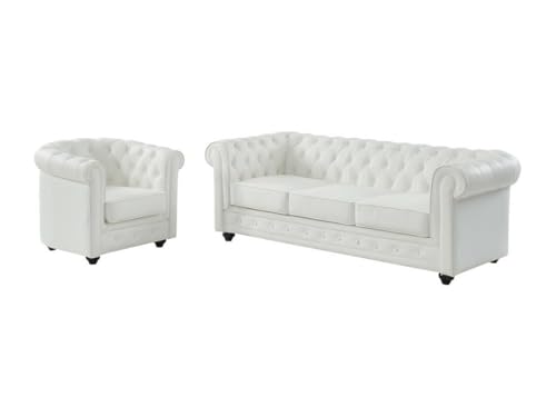 Vente-unique - Canapé 3 Places et Fauteuil en Cuir de Buffle Chesterfield - Blanc