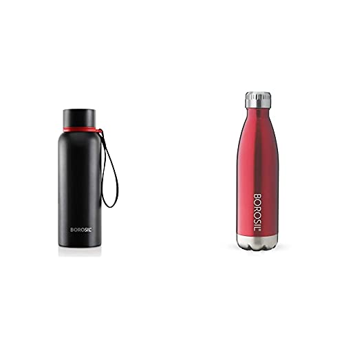 Image of Borosil - Stainless Steel Hydra Trek - Vacuum Insulated Flask Water Bottle, Black, 700ML + Borosil - Stainless Steel Hydra Bolt Trans - Vacuum Insulated Flask Water Bottle, Red, 1L