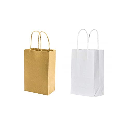 Bagmad Each 100 Pack Small Size White&Brown Craft Paper Gift Bags With Handles Bluk For Birthday Party Favors cover