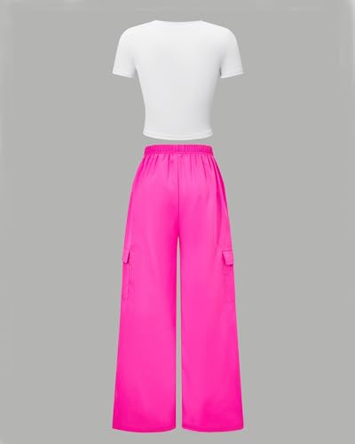 Image of Betusline Girls 2 Piece Outfits Short Sleeve Crop Top & Parachute Cargo Pants Set,4T-14 Years