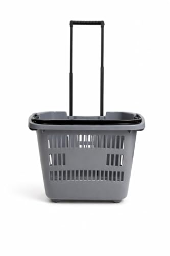 Cesta de la compra rodante de 31 litros con ruedas y mango telescópico, cesta apilable de plástico para venta al por menor, carrito resistente (gris) - Perfecto para comestibles y compras