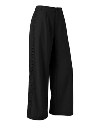 Women's Casual Elastic High Empire Waisted Button and Zipper Wide Leg Palazzo Dressy Lace Trim Cotton Viscose Rayon Black Pant Slack with Pockets Vocation Trousers for Summer Beach Vocation Holiday