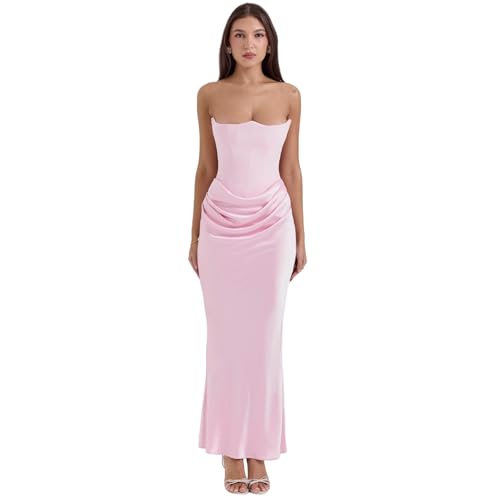 Image of ANKOMINA Women's Strapless Boned Corset Satin Dress Sexy Backless Pleated Stitching Dresses for Wedding Cocktail