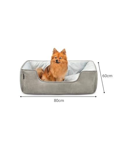 lionto Hundebett 2-in-1 mit komfortablem Einstieg, kuscheliges Heimtierbett zum Wenden für Hunde und Katzen, 80x60 cm, Hundekissen in pflegeleichter Wildlederoptik, grau