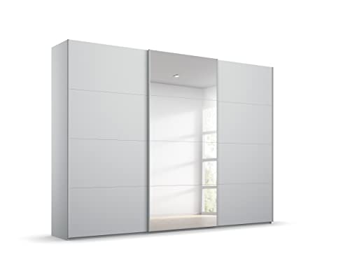 Rauch Möbel Beluga, Kleiderschrank mit Schwebetüren für Schlafzimmer, Kinderzimmer, Garderobe, Flur 3-türig, mit Spiegel, inkl. Soft-Close-Funktion, Farbe Seidengrau, Breite 270 cm