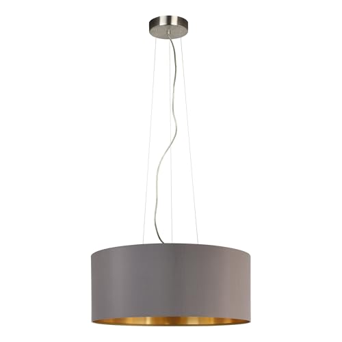 EGLO Pendellampe Maserlo, 3 flammige Textil Pendelleuchte, Hängeleuchte aus Metall in Silber mit Lampenschirm in Cappuccino und Gold, E27 Fassung, Ø 53 cm
