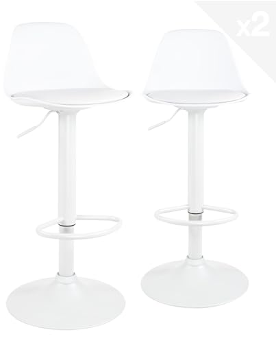 KAYELLES Lot de 2 tabourets de Bar Blanc Design Coussin Simili Cuir rembourré, Repose Pied, réglable en Hauteur et pivotant 360° SIG (Blanc intégral)