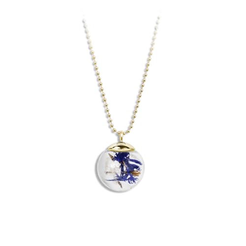 Collier bleuet acier inoxydable doré et pendentif en verre avec véritables fleurs séchées