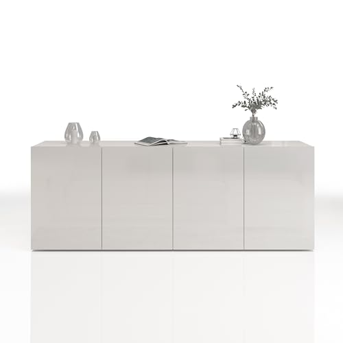 WHOUS Buffet Egypt pour Salon ou Séjour avec 4 Portes et 4 Compartiments, Bahut pour Salon, Cuisine et Salle à Manger, 180 x 38 x 70 cm, Blanc Brillant