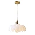 LOTREE Milk White Glass Pendant Light Fixtures Medium 9.8 Inches Lampshade Gold Brass Finish and Switch Vintage Pendant Ceiling Lamp Copper Pendant Lighting (Milk White)