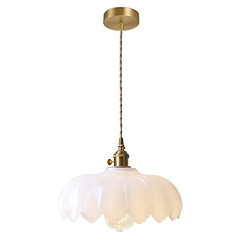 LOTREE Milk White Glass Pendant Light Fixtures Medium 9.8 Inches Lampshade Gold Brass Finish and...
