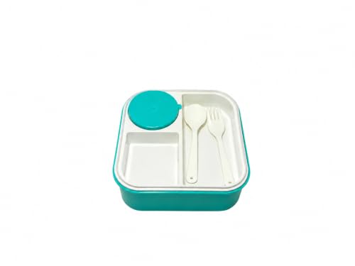 Image of Bento Lunch Box with 2 Compartments, Sauce Cup & Cutlery, Teal