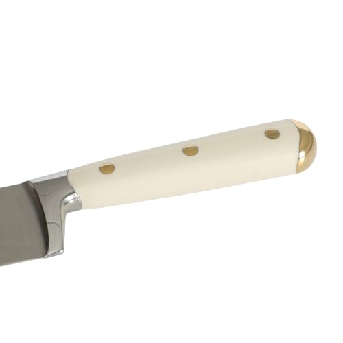 Martha Stewart 16 Piece Lockton High Carbon Stainless Steel Cutlery Kitchen Knife Block Set W/ABS Tripe Riveted Forged Handle Acacia Wood Block - Linen White W/Gold