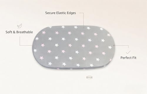 Image of 2-Pack Bassinet Sheets - 100% Cotton Jersey Knit Owls and Stars Bassinet Mattress Pad Fitted Sheets for Baby Girl; Compatible with Bassinet Bedside Co-Sleeper Lounger Brands; Oval Rectangle Mattress