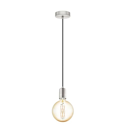 Eglo Lámpara colgante Yorth, lámpara de cable vintage industrial de 1 luz, lámpara de techo de acero en níquel mate, cable negro, lámpara para mesa de comedor y salón con casquillo E27