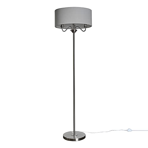 MiniSun Modern Brushed Chrome 3 Way Multi Arm Floor Lamp with a Grey Linen Slimline Drum Shade - Complete with 4w LED Candle Bulbs [3000K Warm White]
