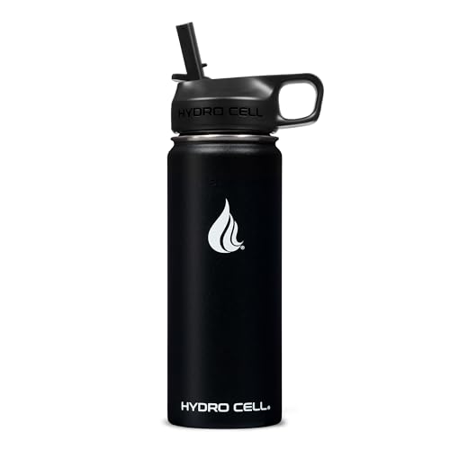 HYDRO CELL Stainless Steel Water Bottle with Straw & Wide Mouth Lids (18oz) - Keeps Liquids Perfectly Hot or Cold with Double Wall Vacuum Insulated Sweat Proof Sport Design (Black 18oz)