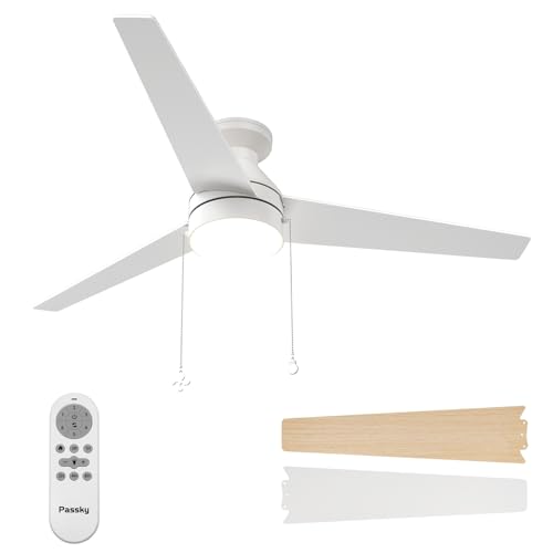 Passky Ceiling Fans with Lights, 52 inch Low Profile Ceiling Fan with Pull Chain and Remote Control, Flush Mount, Reversible, 5CCT, Dimmable, Noiseless, White Pull Cord Ceiling Fan for Bedroom