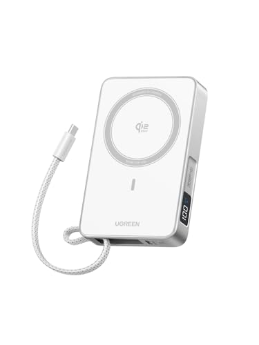 Image of UGREEN MagFlow 10,000mAh Power Bank, Qi2 25W Certified Wireless Charging, Magnetic Portable Charger for MagSafe with Built-in Cable, 30W USB-C Battery Pack for iPhone 17 Pro Max /16 /15 /14 /13 /12, White