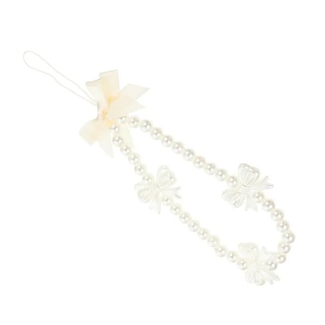 White Mobile Phone Lanyard Universal Phone Chain White Bow White Pearl Beaded Phone Lanyard Wrist Strap Anti Lost Charm Strap Fashion Phone Case Keychain Wallet Decoration Pendant Phone Charm Pink