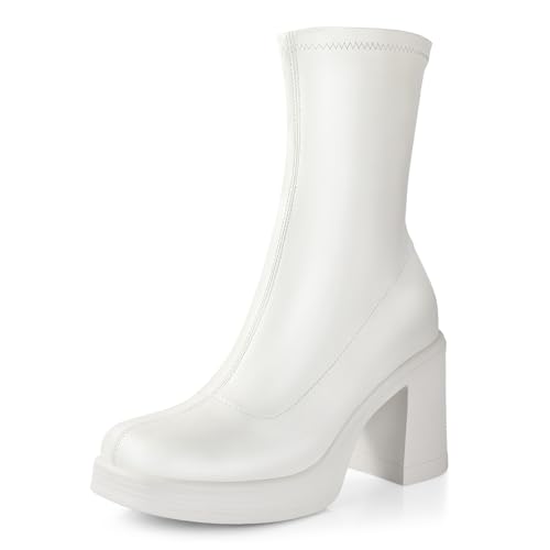 Ankis Platform Ankle Boots for Women Chunky High Heels Side Zipper Gogo Boots Comfort Womens Party Dress Booties Shoes