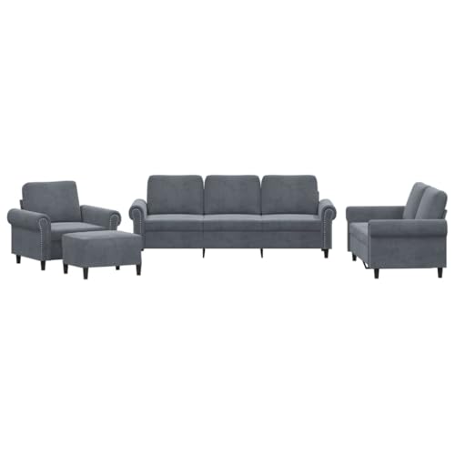 vidaXL Sofagarnitur 4-TLG., Sessel Couch mit Kissen Fußhocker, Sofa Wohnzimmersofa mit Armlehnen, Couchgarnitur Designsofa Sitzmöbel Polstermöbel, Dunkelgrau Samt