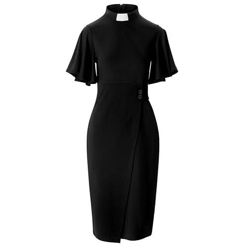 Mambabacosp Black Church Dress For Women Short Ruffle Sleeve Clergy Tab Insert Collar Priestess (US Alpha XX-Large Regular Black)