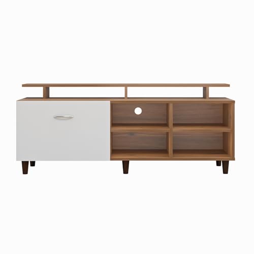 Image of VIKI Modern TV Unit for Living Room | Engineered Wood TV Cabinet with 1 Drawer Storage, 2 Open Shelves & Extension, Entertainment Unit, 140W x 48H x 40D cm | DIY | 1 Year Warranty (Walnut & White)