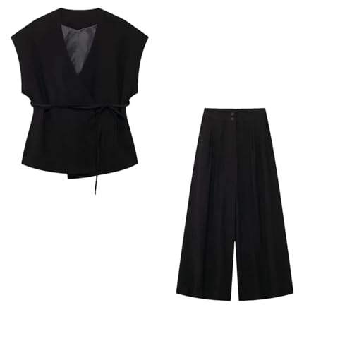 Women's Summer Two Piece Set Linen Double Breasted Vest And Wide Leg Pants Business Office Set