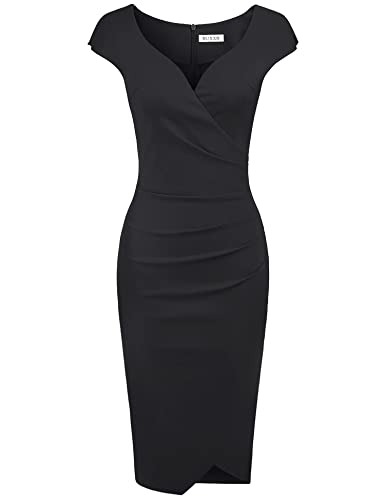MUXXN Women's Short Sleeve Wrap V Neck Midi Bodycon Vintage Formal Work Dress