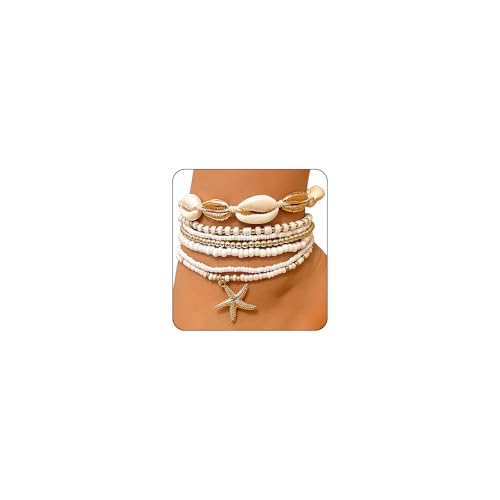 Image of 7 Pack Boho Beaded Shell Anklet Bracelets for Women Colorful Stretch Cowrie Seashell Starfish Ankle Bracelet Stack Adjustable Summer Beach Accessories Cute Hawaiian Jewelry