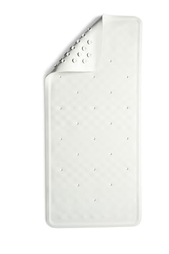 Medline Rubber Bath Mat 13.4 x 29 in, Slip Resistant Shower Mat with Suction Cups, Heavyweight Natural Rubber with Microban Protection, Bathroom Safety Aid, White, 1 Count
