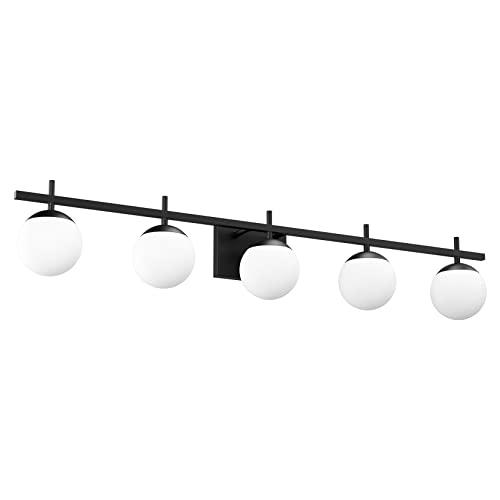Image of Ralbay Mid Century Modern Vanity Lights Black Milky Glass Mid Century Bathroom Vanity Lights Over Mirror, Wall Light for Bathroom Black 5 Light