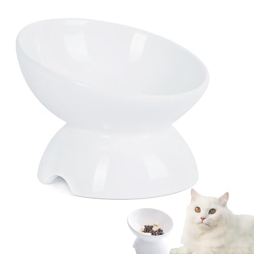 Perky Tail 猫 皿 斜め 高さ フードボウル 陶器 食器 脚付き えさ 皿 食べやすい ご飯皿 吐き戻し軽減 首の負担を軽減 餌入れ 水飲み用 食洗機対応 電子レンジ対応 ホワイト