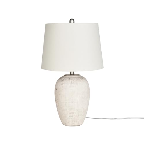 Image of Nourison Home 23 inch Distressed Cream /Beige Rustic Ceramic Jar Table Lamp for Bedroom, Living Room, Dining Office, with Ivory Shade
