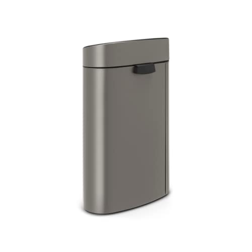 Image of Brabantia Press-Top Kitchen Trash Can with Flat Back | Platinum | 10.6 Gallon / 40L | Home Trash Can with Soft-Touch Stay-Open Lid & Removable Inner Bucket | Fits Flat Against Walls | + Trash Bags