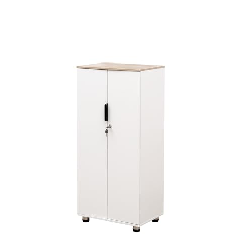 MMT Aufbewahrungsschrank, abschließbar, 2 Türen, für Büro, Dokumente, Speisekammer, Mehrzweck-Sideboard, Zuhause, Küche, Garagen-Werkzeuge (weiß/Eichenholz-Oberseite, 50 cm B x 34 cm T x 100 cm)