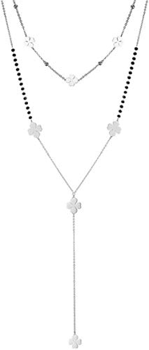 Preisvergleich Produktbild CKAWM Halskette Halsketten Edelstahl Doppelschicht Langkettige Halskette Für Frauen Kleine Vierblatt Klee Halsreif Lange Halskette Party Trendy Schmuck