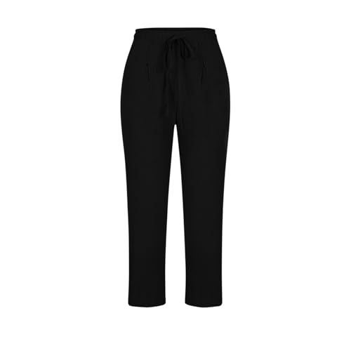 Image of ABABC Linen Capri Pants for Women Casual Straight Wide Leg Capri Pant Loose Lightweight Drawstring Beach Cropped Trousers