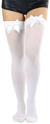 Image of ToBeInStyle Women's Opaque Long Thigh High Stockings w /Decorative Front Satin Bow