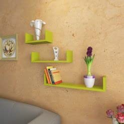 Image of DECORVISTA Wooden Handcrafted Wall Shelf Beautiful Floating Wall Racks Shelves Living & Bed Room Decor U Shaped Set of 3 (Multi) (Green)