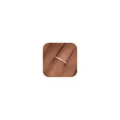 RLMOON Gold Birthstone Rings for Women Non Tarnish 14K Gold Plated Stackable Ring Dainty CZ Pink Gemstone Eternity Band Size 7