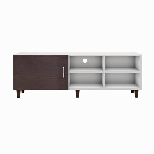 Image of VIKI Modern TV Unit for Living Room | Engineered Wood TV Cabinet with 1 Door Storage & 2 Open Shelves, Entertainment Unit, 140W x 48H x 40D cm | DIY | 1 Year Warranty (White & Wenge)