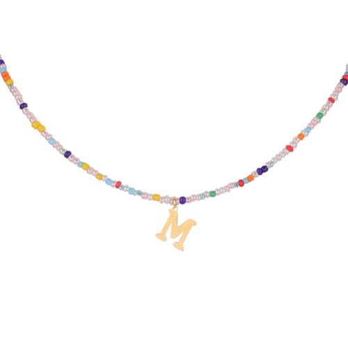 Collar de Cuentas de Colores con Inicial, Collares de Verano Mujeres y Niñas Collar con Colgante de Letra Bohemio Gargantilla con Cuentas Regalos Joyería Hechos a Mano para Adolescentes (M)