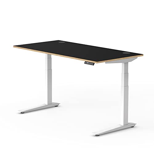 Image of Fully Jarvis Standing Desk 60 inch x 30 inch Black (Forbo) Designer Top - Electric Adjustable Desk Height from 25.5 inch to 51 inch with Memory Preset Controller (Rectangle, White Frame)