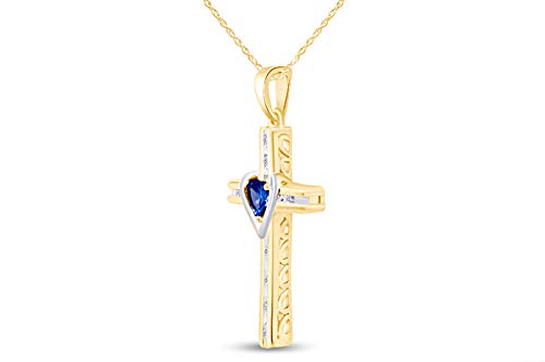 AFFY Simulated Blue Sapphire & Natural Diamond Cross Pendant Necklace inTwo-Tone Gold Over Sterling Silver2