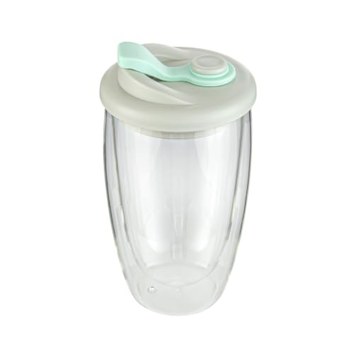 Restaurantware Glass Travel Mug 1 Count 15 Ounce Double Wall Borosilicate Reusable Coffee Cup, Spill-Resistant Gray and Green Silicone Lid, Clear Drinkware Mug for Hot and Cold Beverages