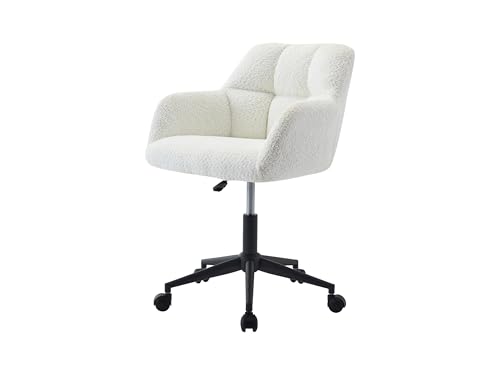 Image of Finch Fox Battle Modern 360 Swivel Mid-Back Armrest Boucle Fabric Study Upholstered Black Metal Powder Coated Base Study Computer Office Desk Chair in White Color